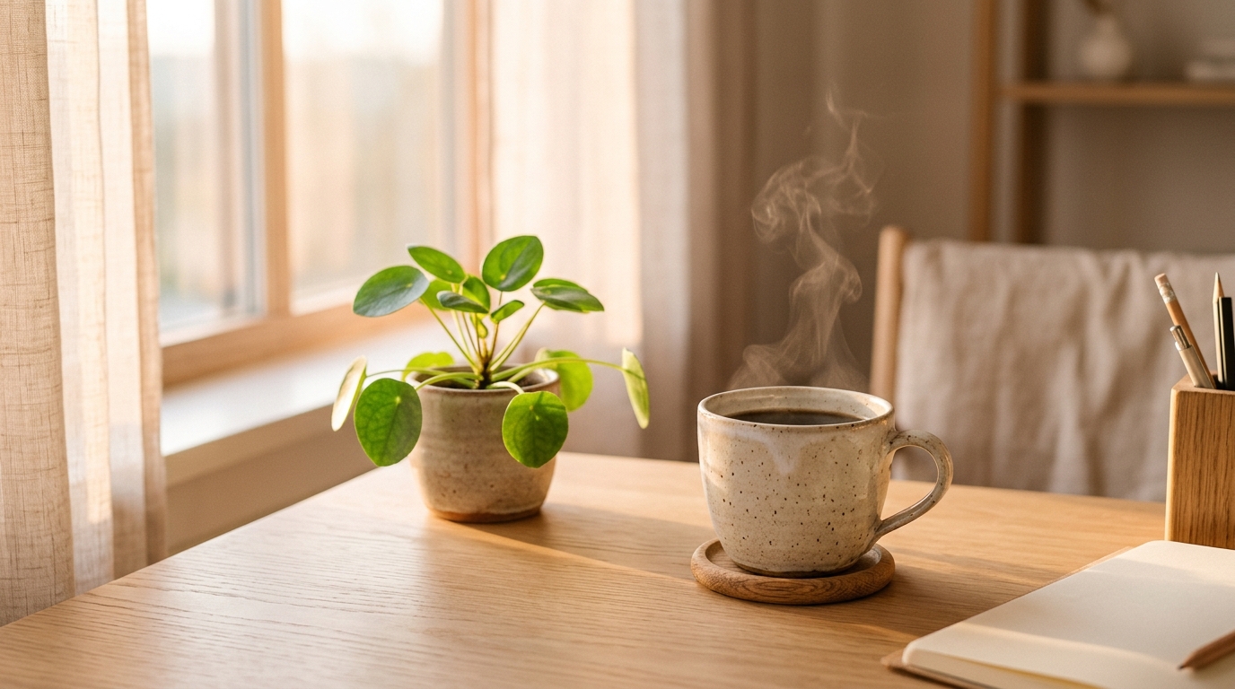 Warm sunlit desk website backdrop